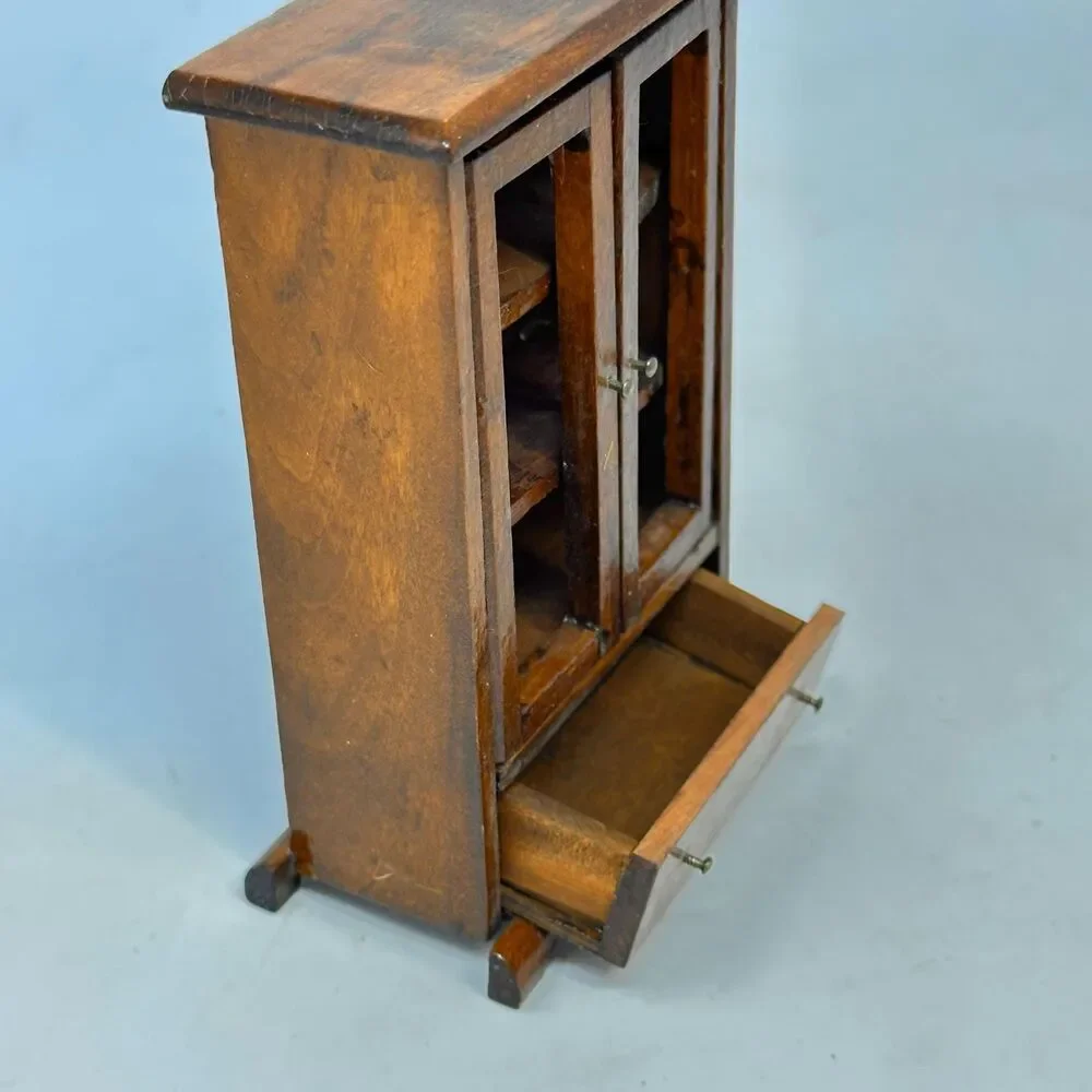 Vintage Miniature Wooden Cabinet Dollhouse Glass Door Hutch Display Case Drawer